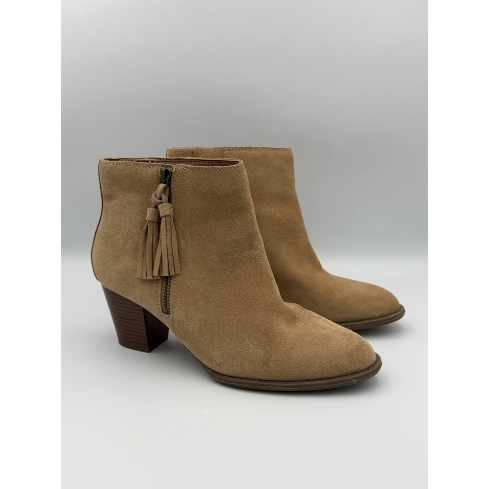 Vionic Tan Suede Ankle Booties Womens 9 Tassel Zip Block Heel Comfort